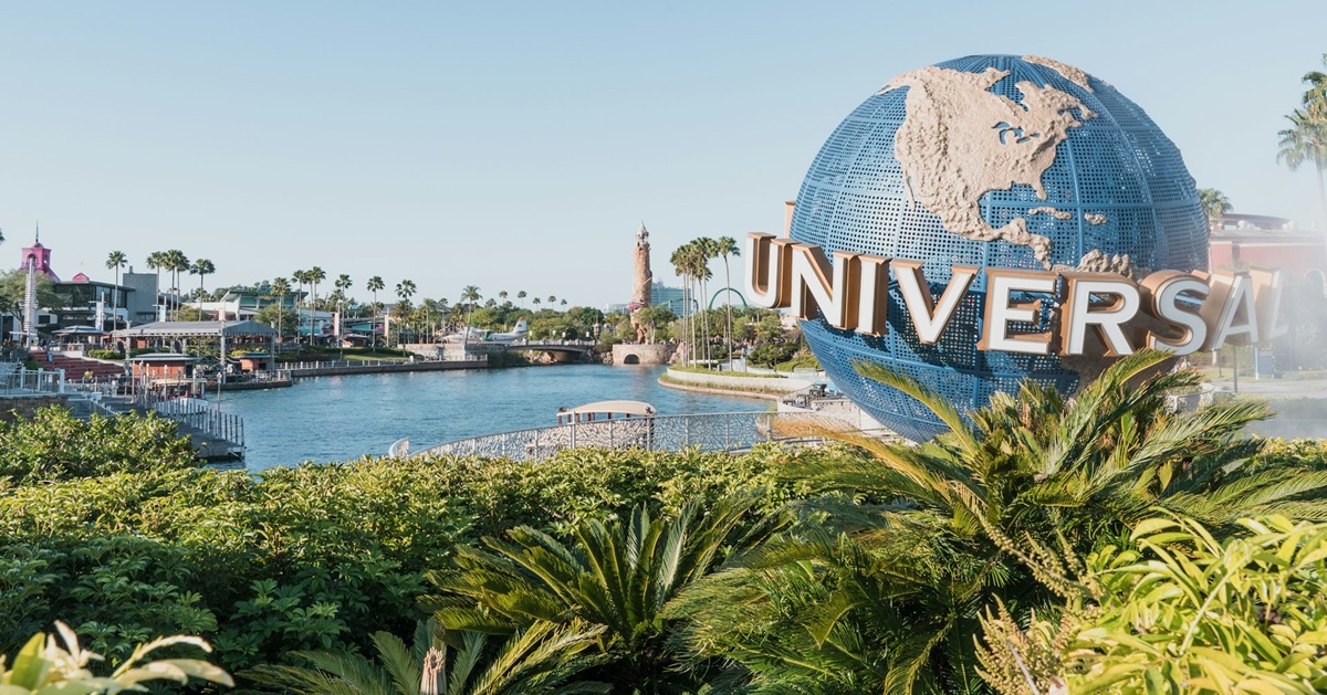 View of Universal Studios with Globe in foreground and complex in background