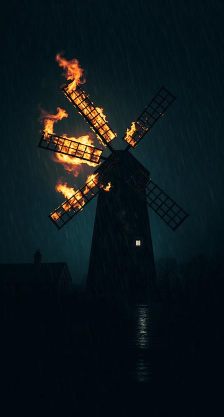 Windmill with burning blades