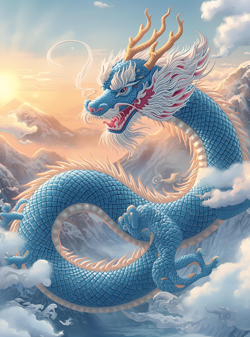 Blue Dragon image with traditional Chinese landscape with misty mountains