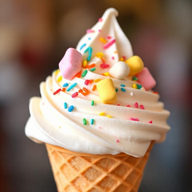 Ice cream cone filled with dole whip topped with mini marshmallows and coloured sprinkles