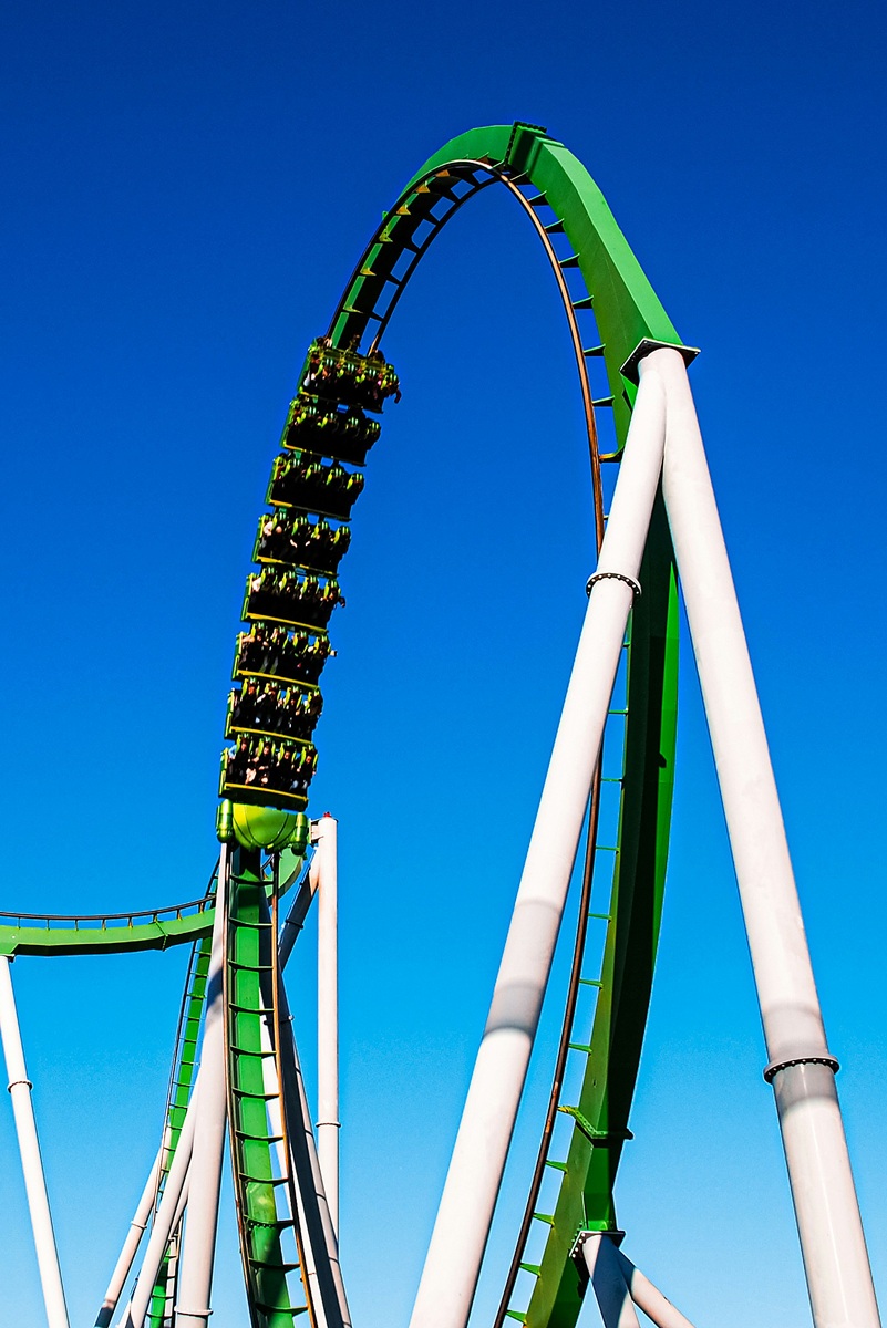 Looking up at The Incredible Hulk coaster ride