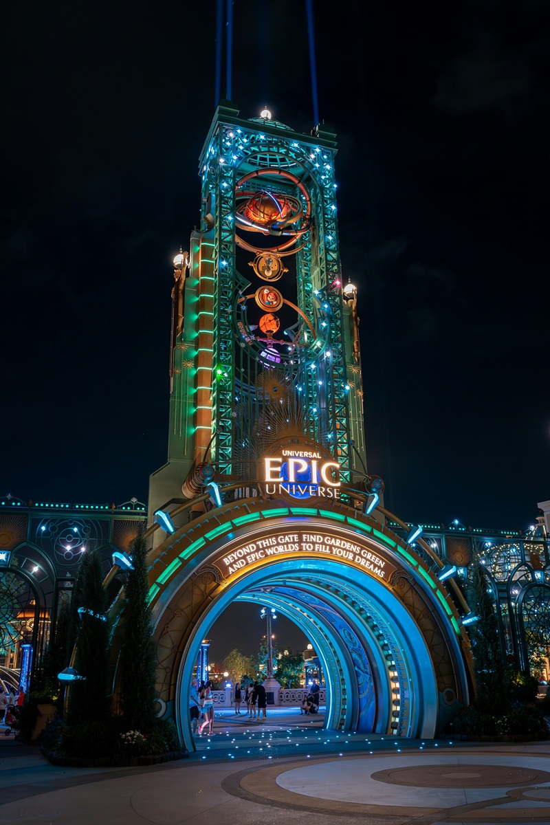 Universal Epic Universe entrance portal, night