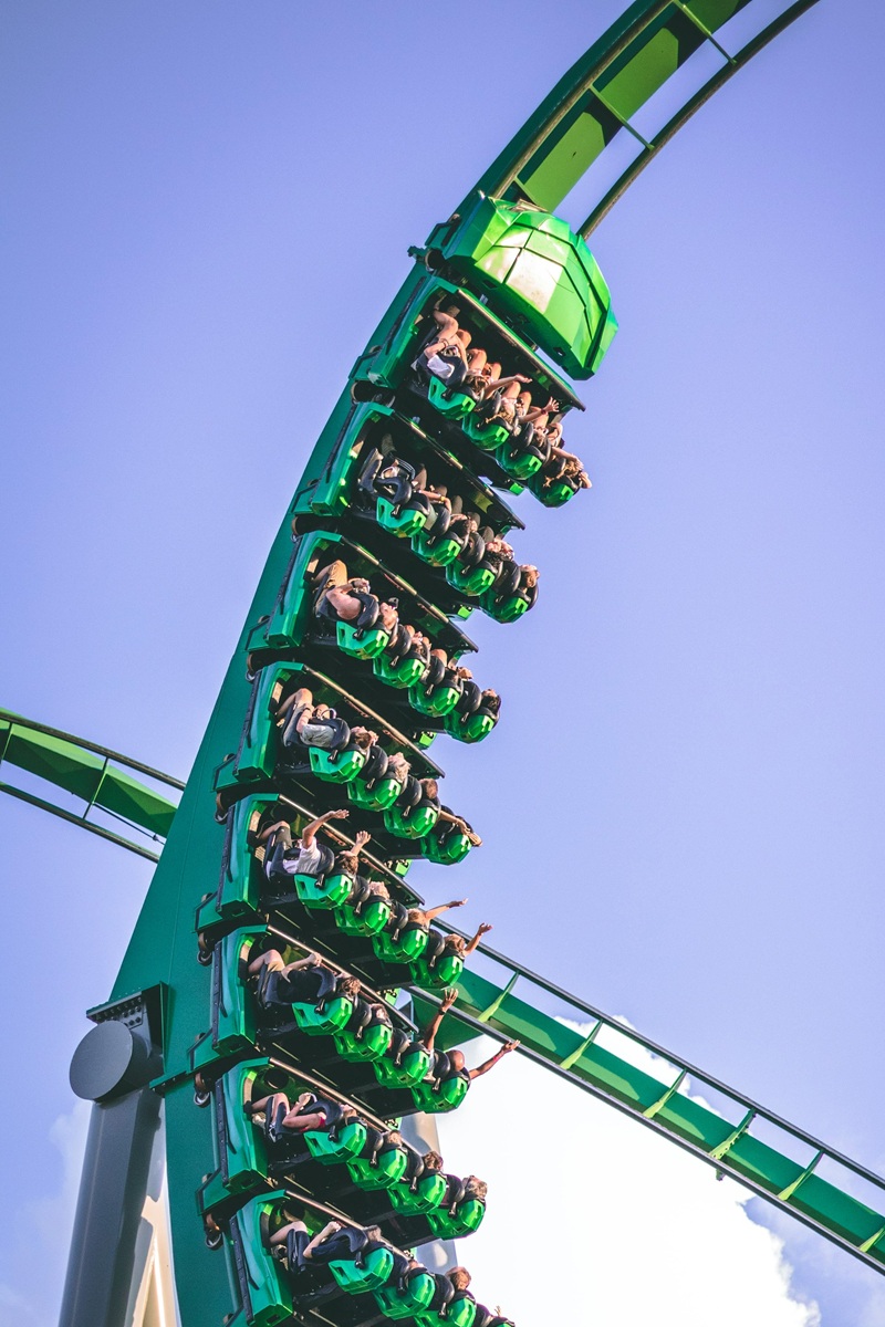 Close-up of riders on Hulk Coaster