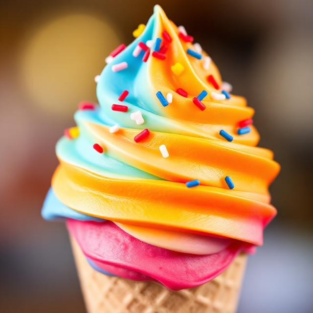 Multi-coloured ice cream in a waffle cone