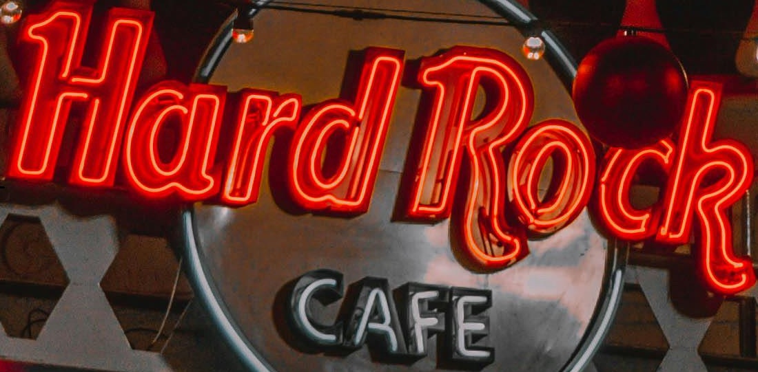 Close-up of Hard Rock Cafe neon signage