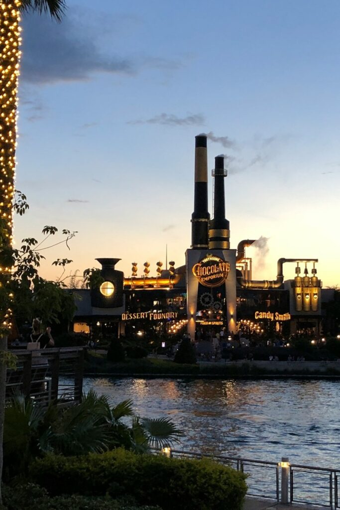 The Toothsome Chocolate Emporium viewed at dusk from the river