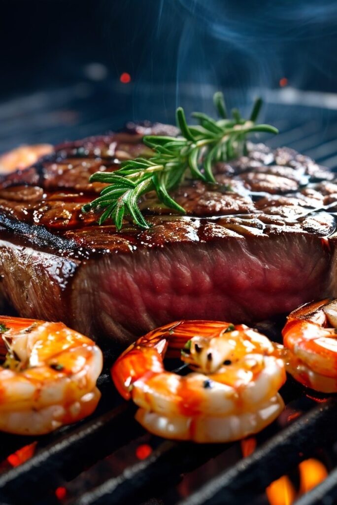 Steak and prawns cooking on a BBQ grill