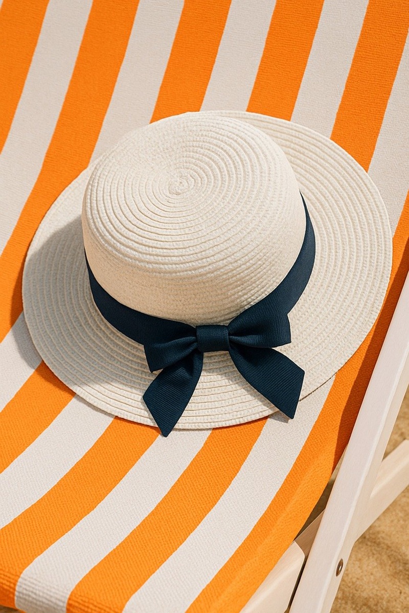 Stripped deck chair with straw hat